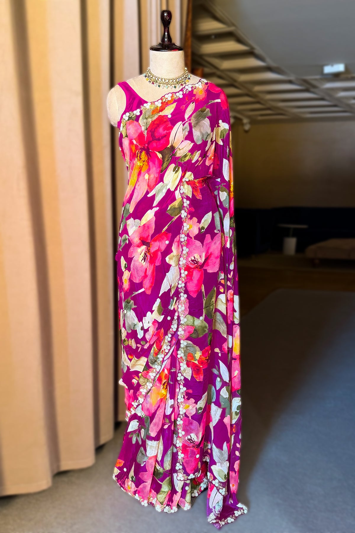 Dark Pink Chiffon Silk Floral Printed Saree with Beaded and Sequin Work On Border