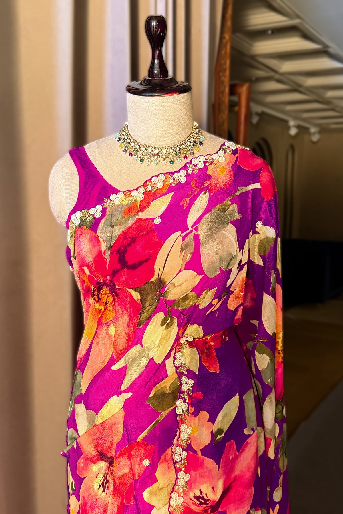 Dark Pink Chiffon Silk Floral Printed Saree with Beaded and Sequin Work On Border