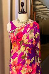 Dark Pink Chiffon Silk Floral Printed Saree with Beaded and Sequin Work On Border