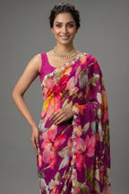 Dark Pink Chiffon Silk Floral Printed Saree with Beaded and Sequin Work On Border