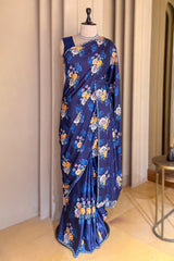 Dark Blue Crepe Silk Floral Digital Printed Saree with Beaded Cutdana Work Scallop Border