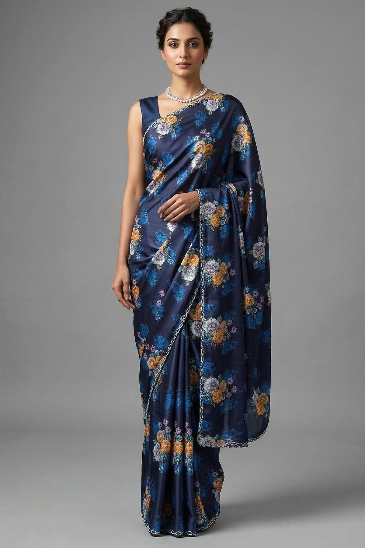 Dark Blue Crepe Silk Floral Digital Printed Saree with Beaded Cutdana Work Scallop Border