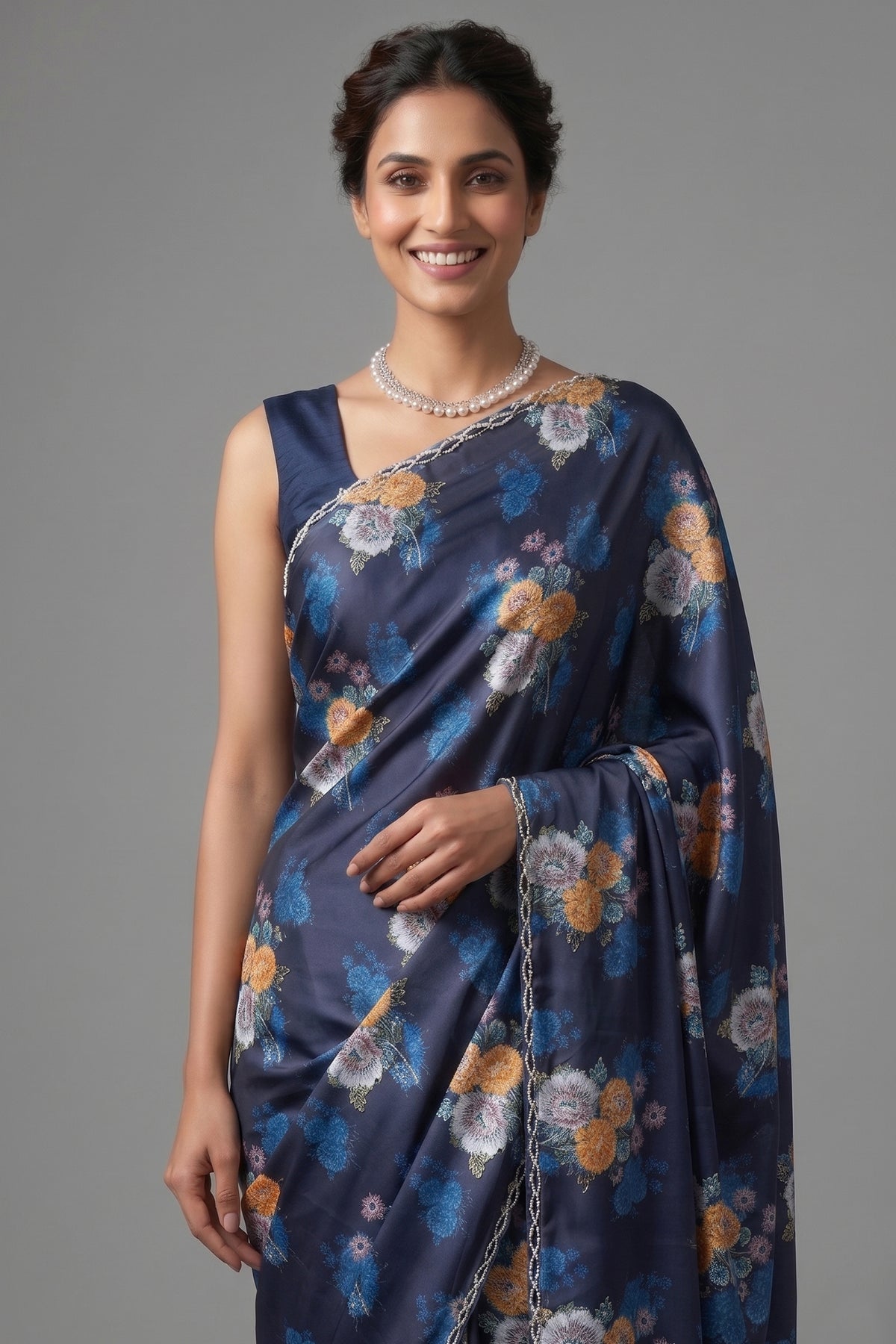 Dark Blue Crepe Silk Floral Digital Printed Saree with Beaded Cutdana Work Scallop Border