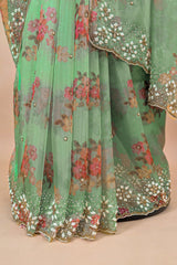 Light Green Organza Floral Printed Saree with Beaded and Diamond Work On Border