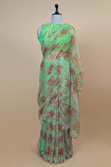 Light Green Organza Floral Printed Saree with Beaded and Diamond Work On Border