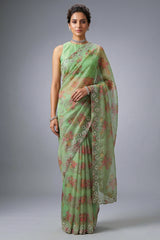 Light Green Organza Floral Printed Saree with Beaded and Diamond Work On Border