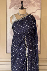 Dark Blue Crepe Silk Printed Saree with Scallop Cutdana Beaded Border
