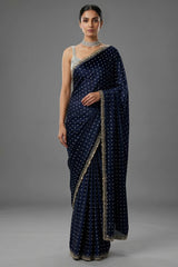 Dark Blue Crepe Silk Printed Saree with Scallop Cutdana Beaded Border