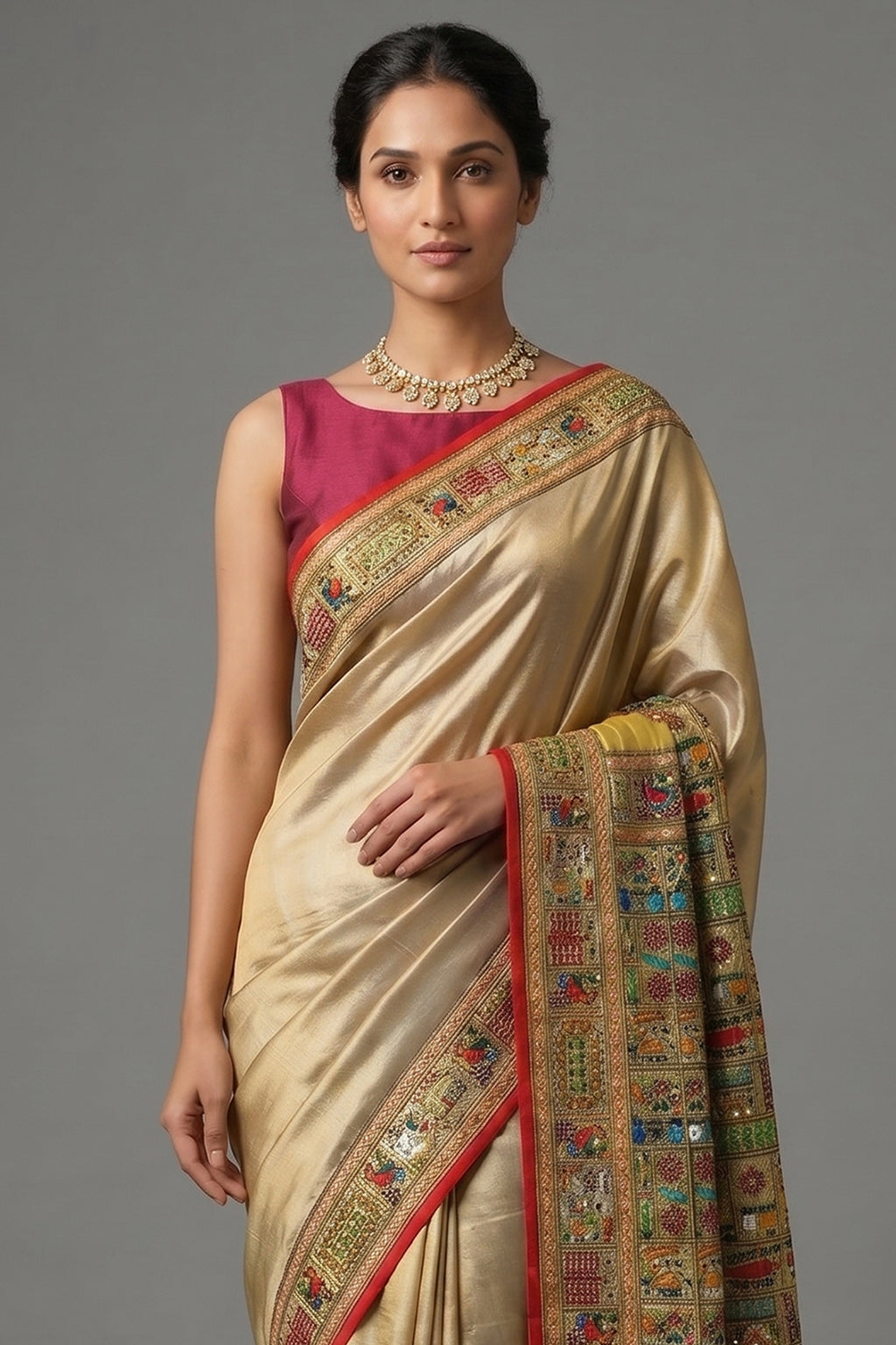 Sage Green Two Toned Art Silk Saree with Thread Embroidered Pallu and Border