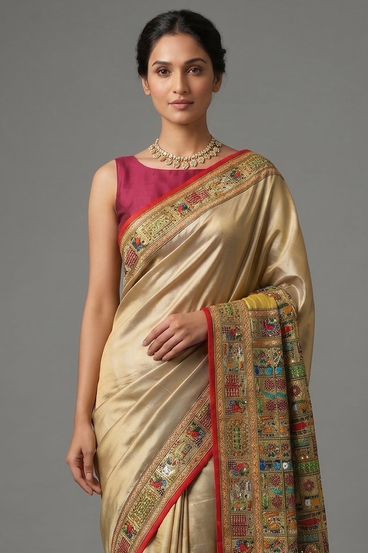 Sage Green Two Toned Art Silk Saree with Thread Embroidered Pallu and Border