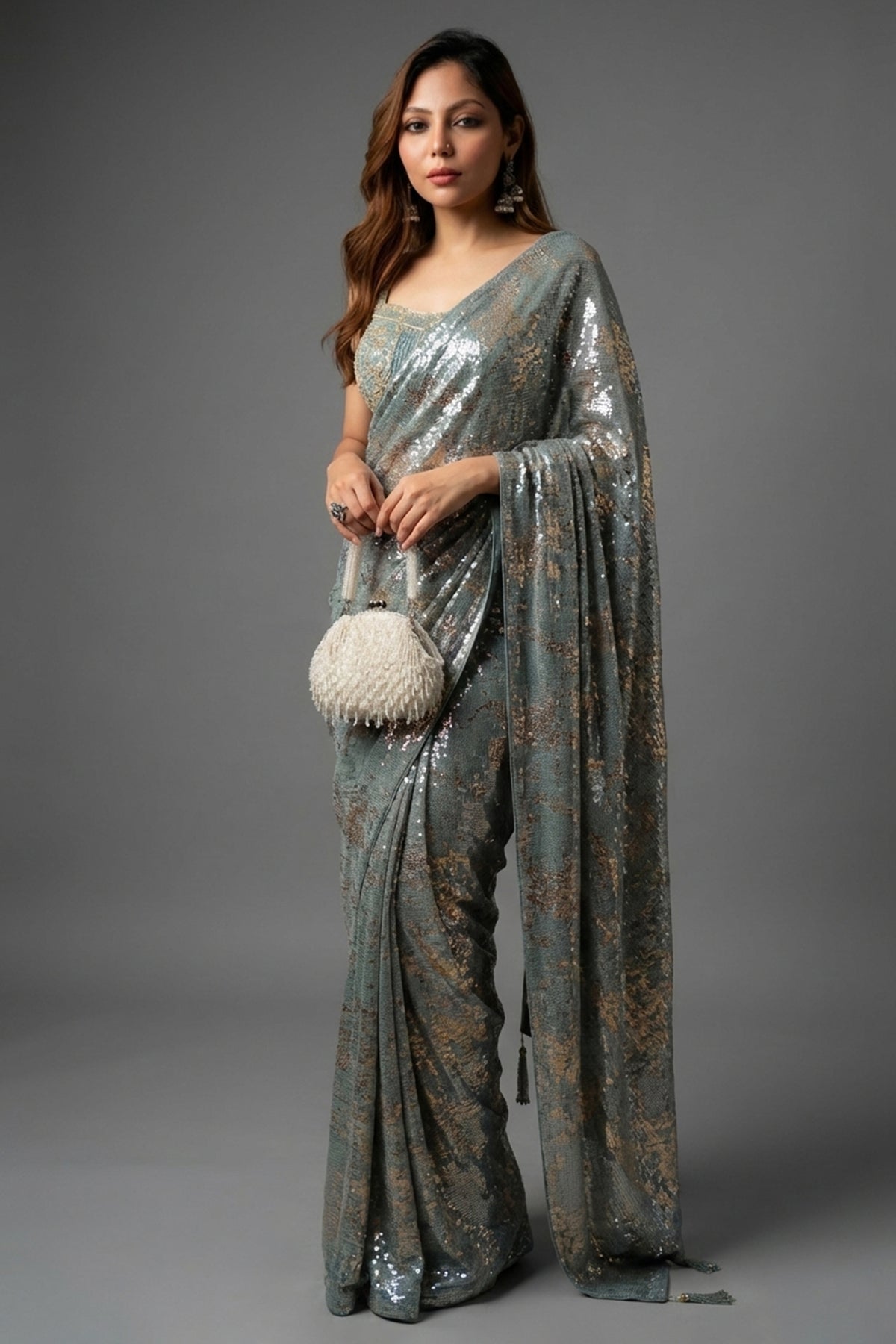 Mint Blue Lycra Net Sequinned Ready to Wear Saree with Designer Corset Blouse
