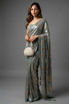 Mint Blue Lycra Net Sequinned Ready to Wear Saree with Designer Corset Blouse