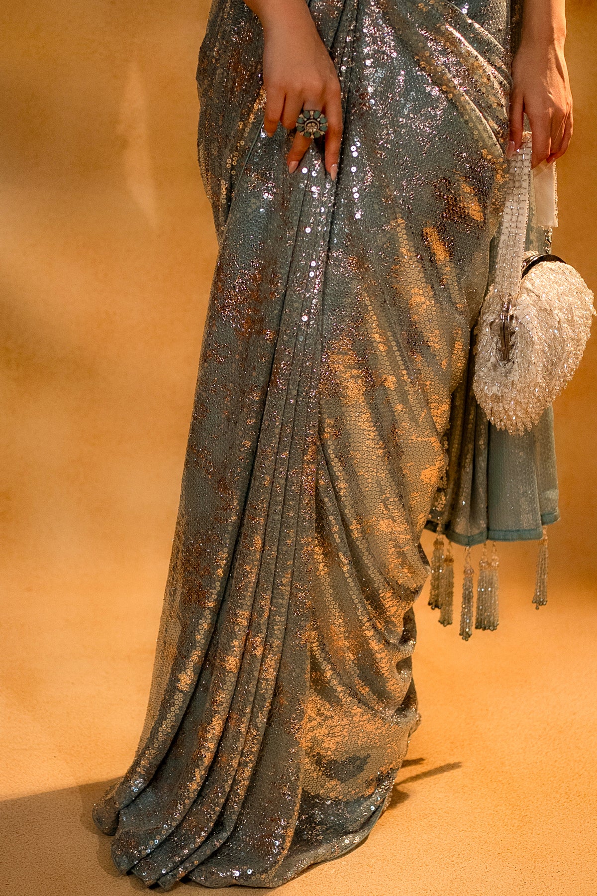 Mint Blue Lycra Net Sequinned Ready to Wear Saree with Designer Corset Blouse