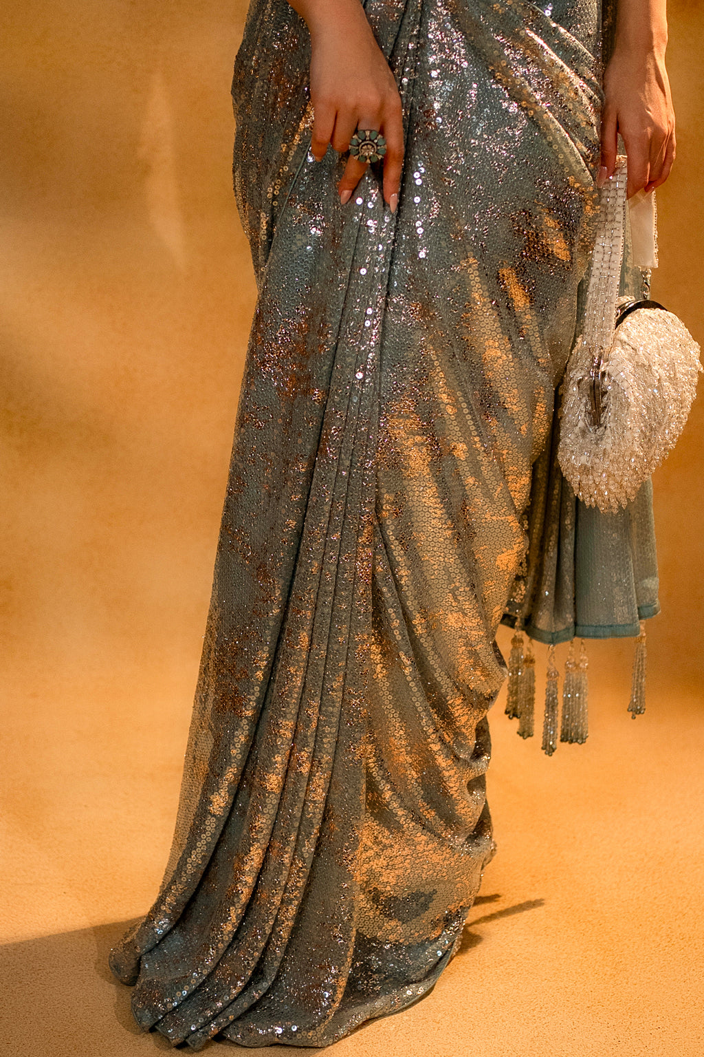 Mint Blue Lycra Net Sequinned Ready to Wear Saree with Designer Corset Blouse