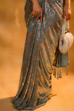 Mint Blue Lycra Net Sequinned Ready to Wear Saree with Designer Corset Blouse