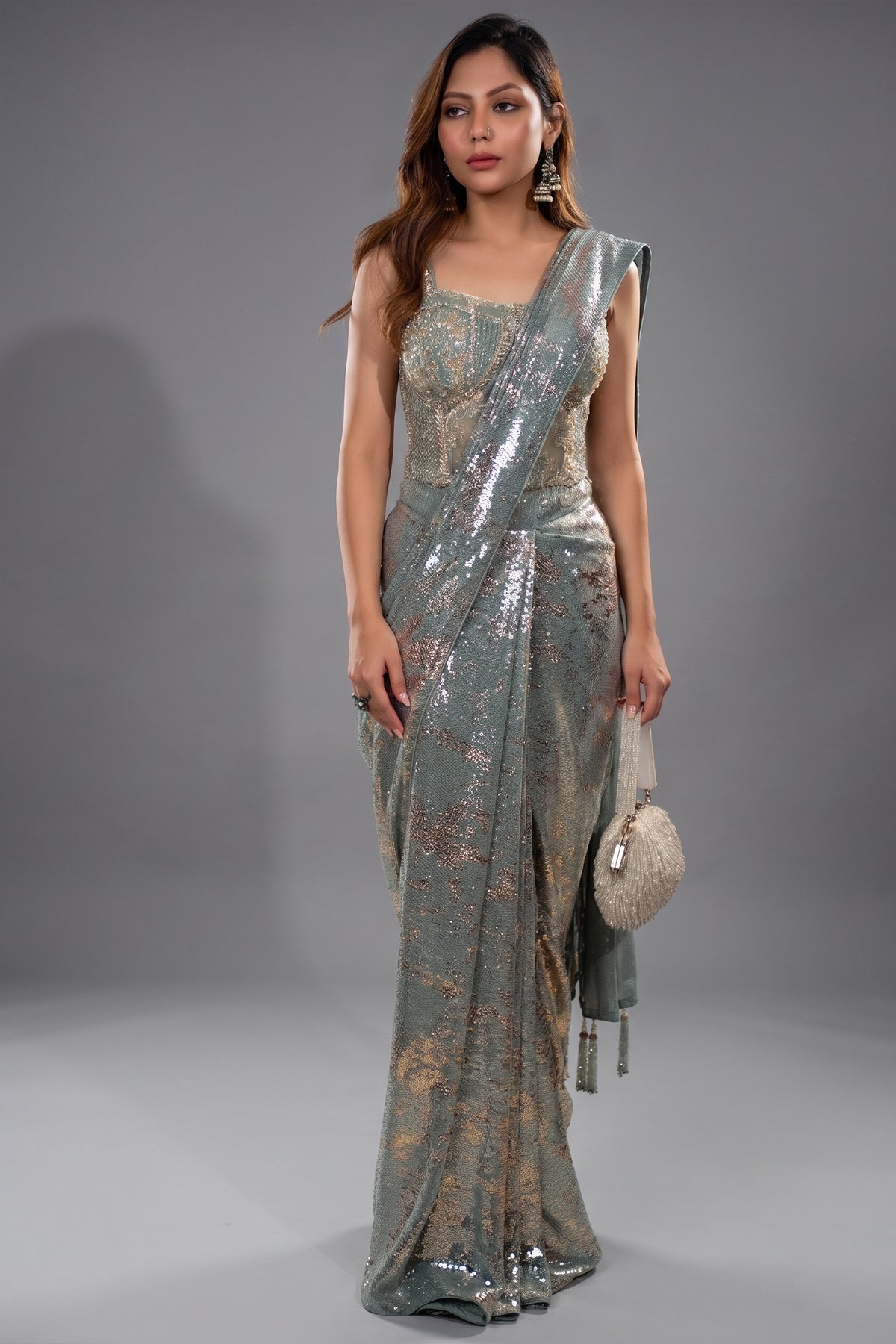 Mint Blue Lycra Net Sequinned Ready to Wear Saree with Designer Corset Blouse