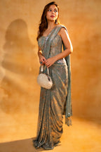 Mint Blue Lycra Net Sequinned Ready to Wear Saree with Designer Corset Blouse