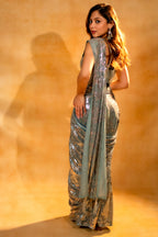 Mint Blue Lycra Net Sequinned Ready to Wear Saree with Designer Corset Blouse