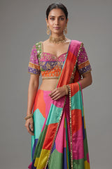Multi Colored Crepe Silk Readymade Saree with Sweet Heart Neckline Blouse