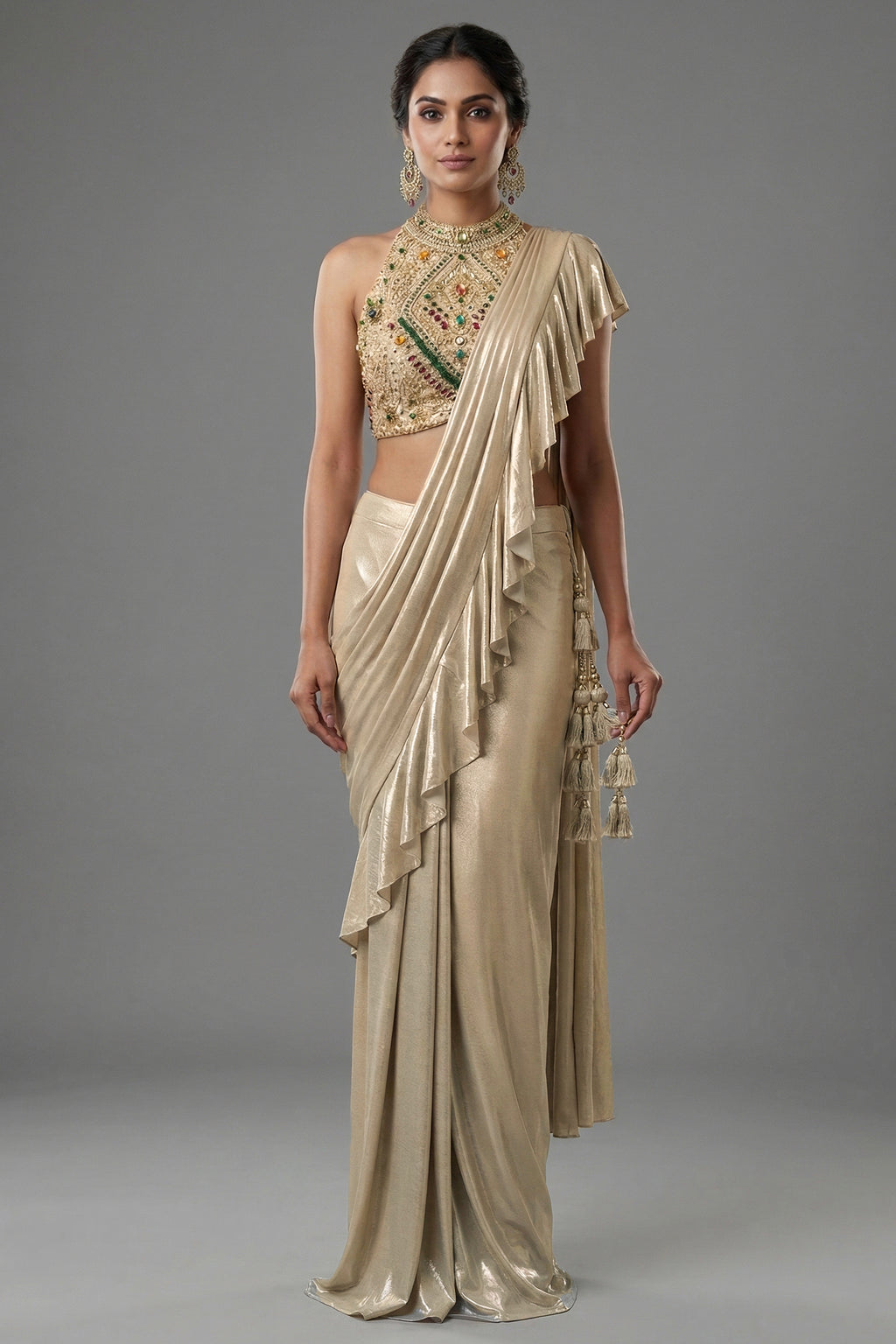 Golden Imported Readymade Ruffle Saree with Halter Neck Embellished Blouse