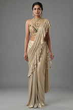 Golden Imported Readymade Ruffle Saree with Halter Neck Embellished Blouse