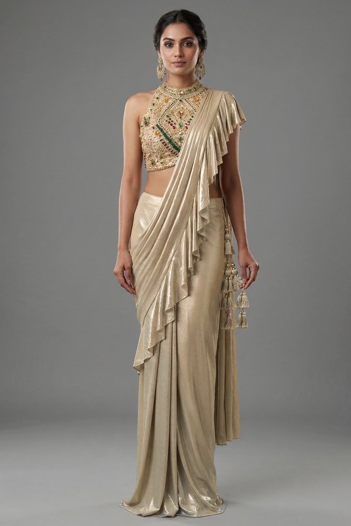 Golden Imported Readymade Ruffle Saree with Halter Neck Embellished Blouse