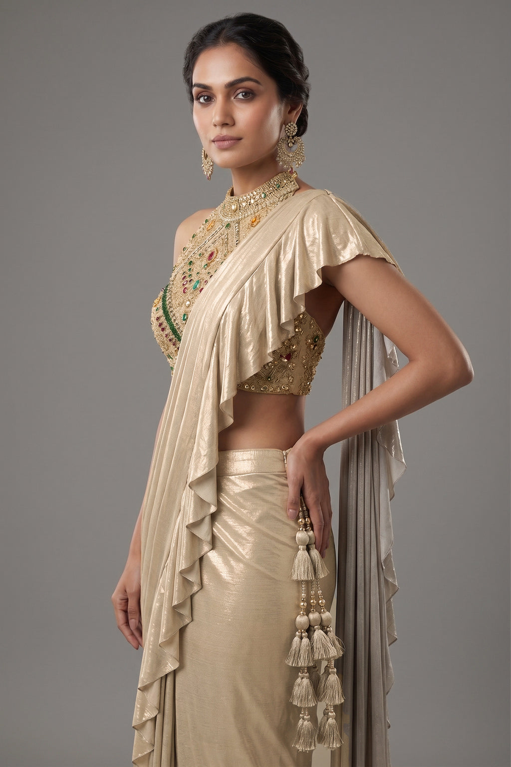 Golden Imported Readymade Ruffle Saree with Halter Neck Embellished Blouse