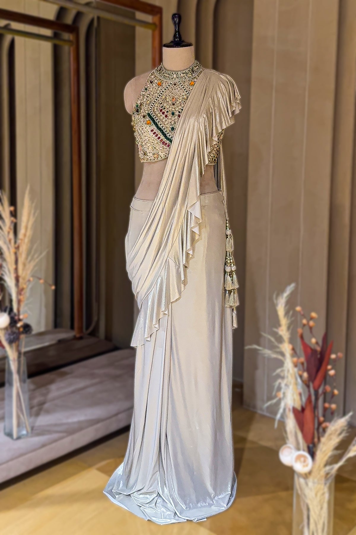 Golden Imported Readymade Ruffle Saree with Halter Neck Embellished Blouse
