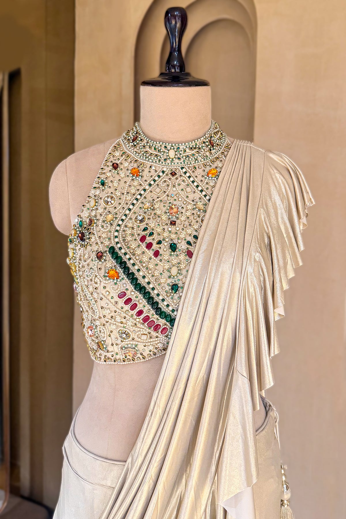 Golden Imported Readymade Ruffle Saree with Halter Neck Embellished Blouse