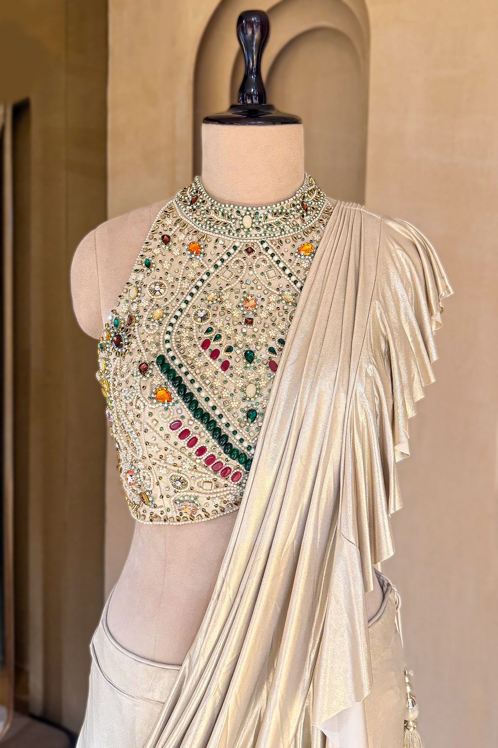 Golden Imported Readymade Ruffle Saree with Halter Neck Embellished Blouse