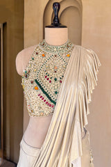 Golden Imported Readymade Ruffle Saree with Halter Neck Embellished Blouse