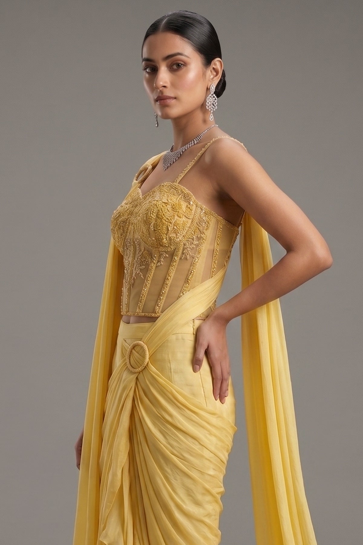 Light Yellow Crepe Satin Silk Readymade Saree with Cutdana Bead Work Corset