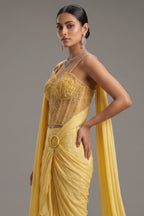 Light Yellow Crepe Satin Silk Readymade Saree with Cutdana Bead Work Corset