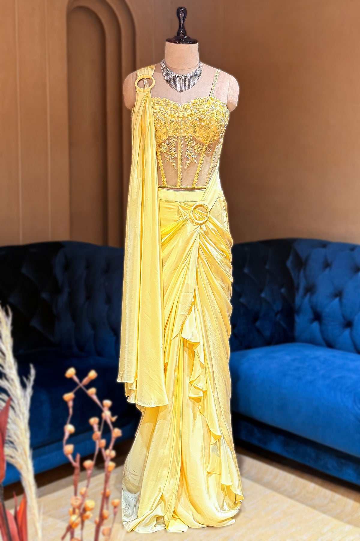 Light Yellow Crepe Satin Silk Readymade Saree with Cutdana Bead Work Corset