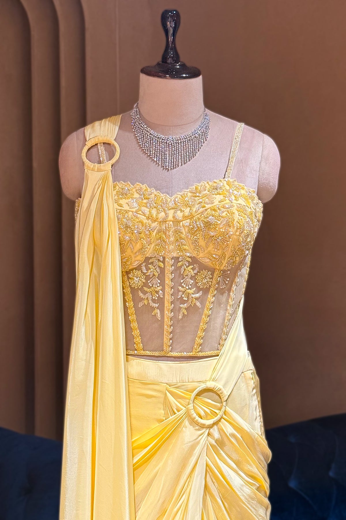 Light Yellow Crepe Satin Silk Readymade Saree with Cutdana Bead Work Corset