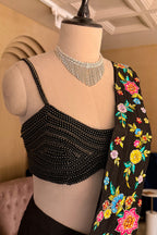 Black Crepe Satin Silk Floral Embroidered Readymade Saree