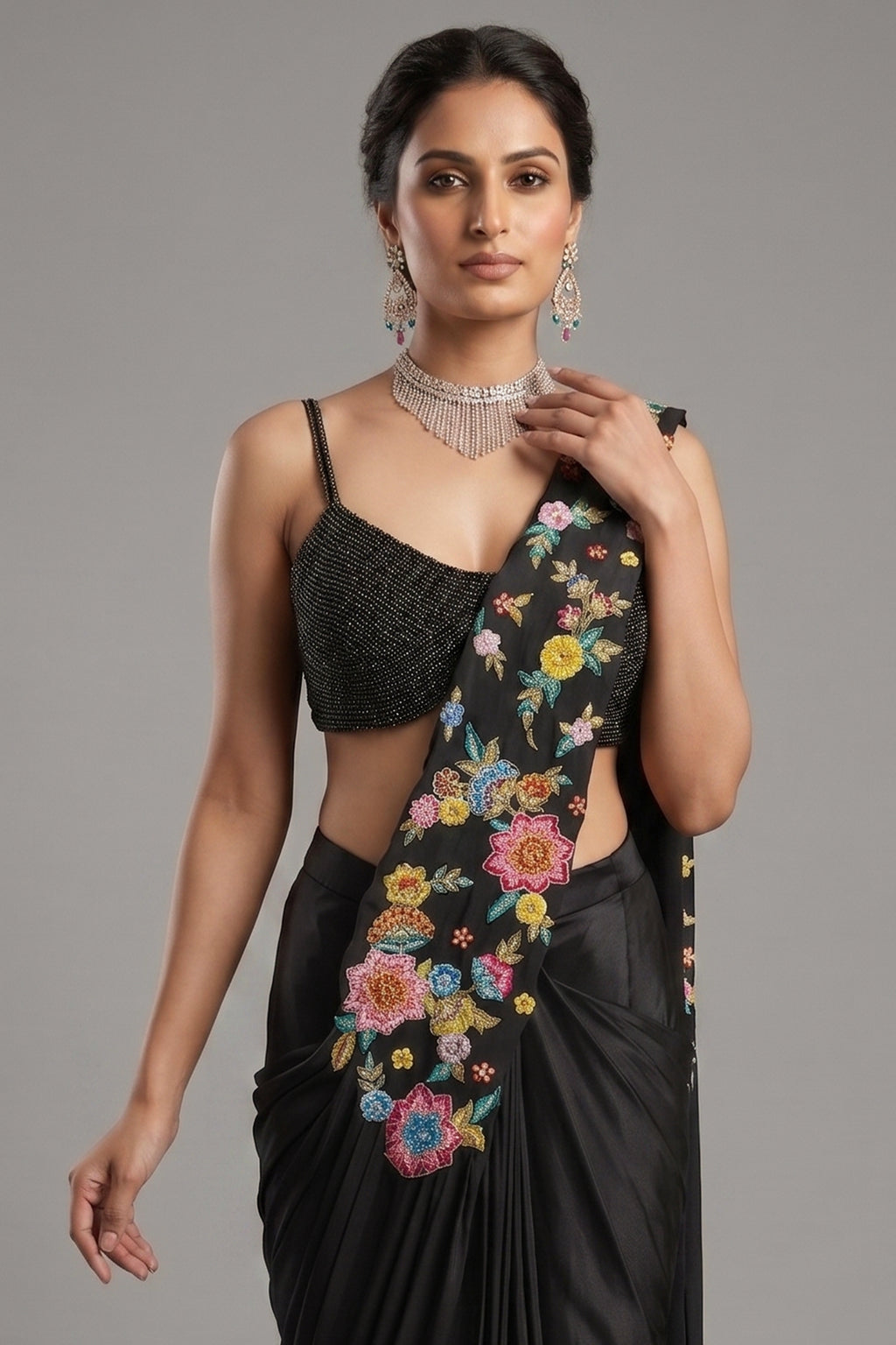 Black Crepe Satin Silk Floral Embroidered Readymade Saree