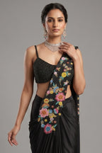 Black Crepe Satin Silk Floral Embroidered Readymade Saree