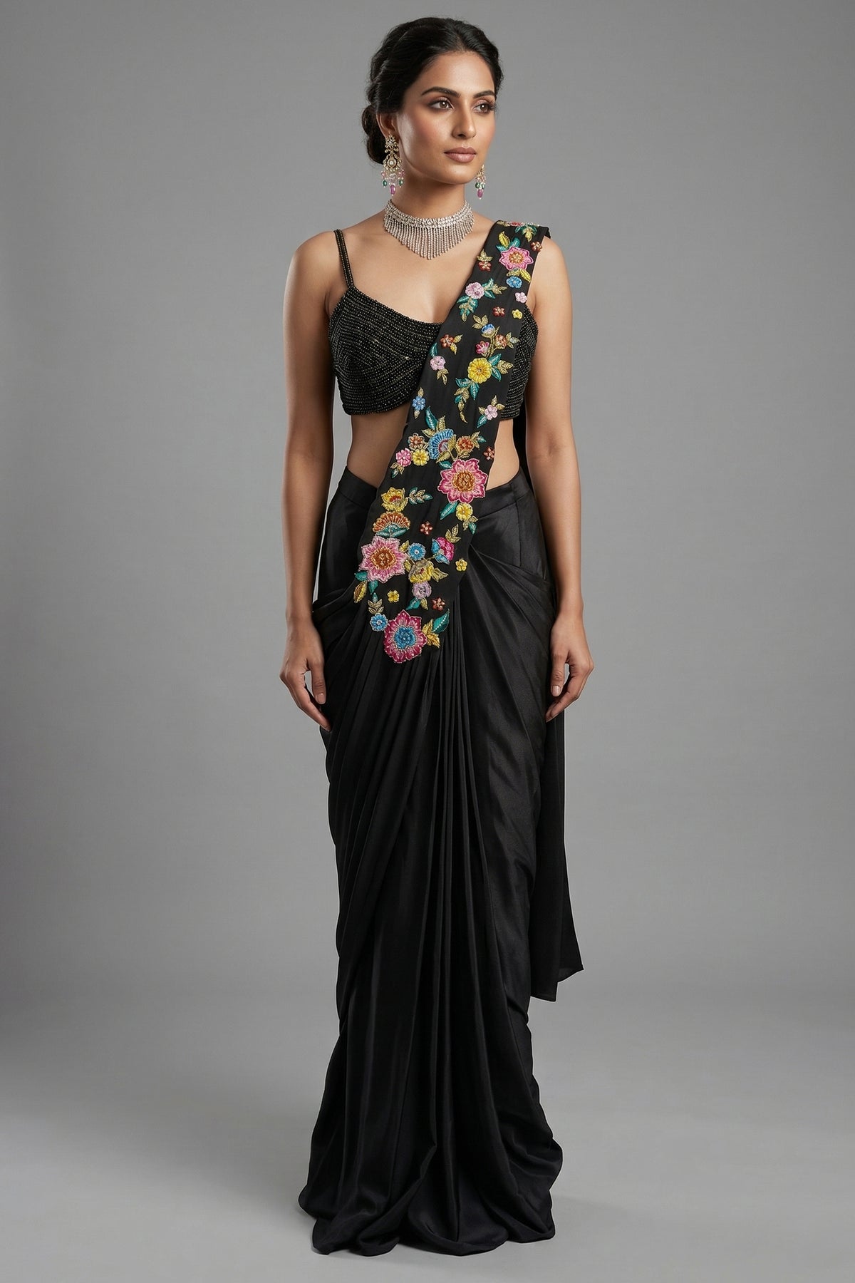 Black Crepe Satin Silk Floral Embroidered Readymade Saree