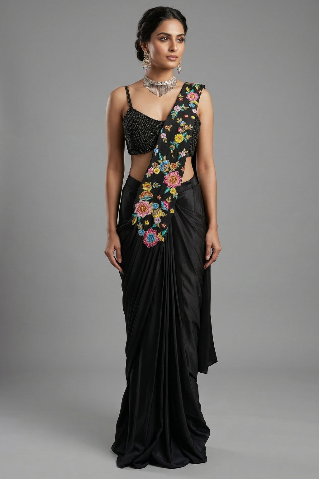 Black Crepe Satin Silk Floral Embroidered Readymade Saree