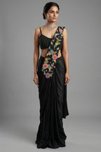 Black Crepe Satin Silk Floral Embroidered Readymade Saree