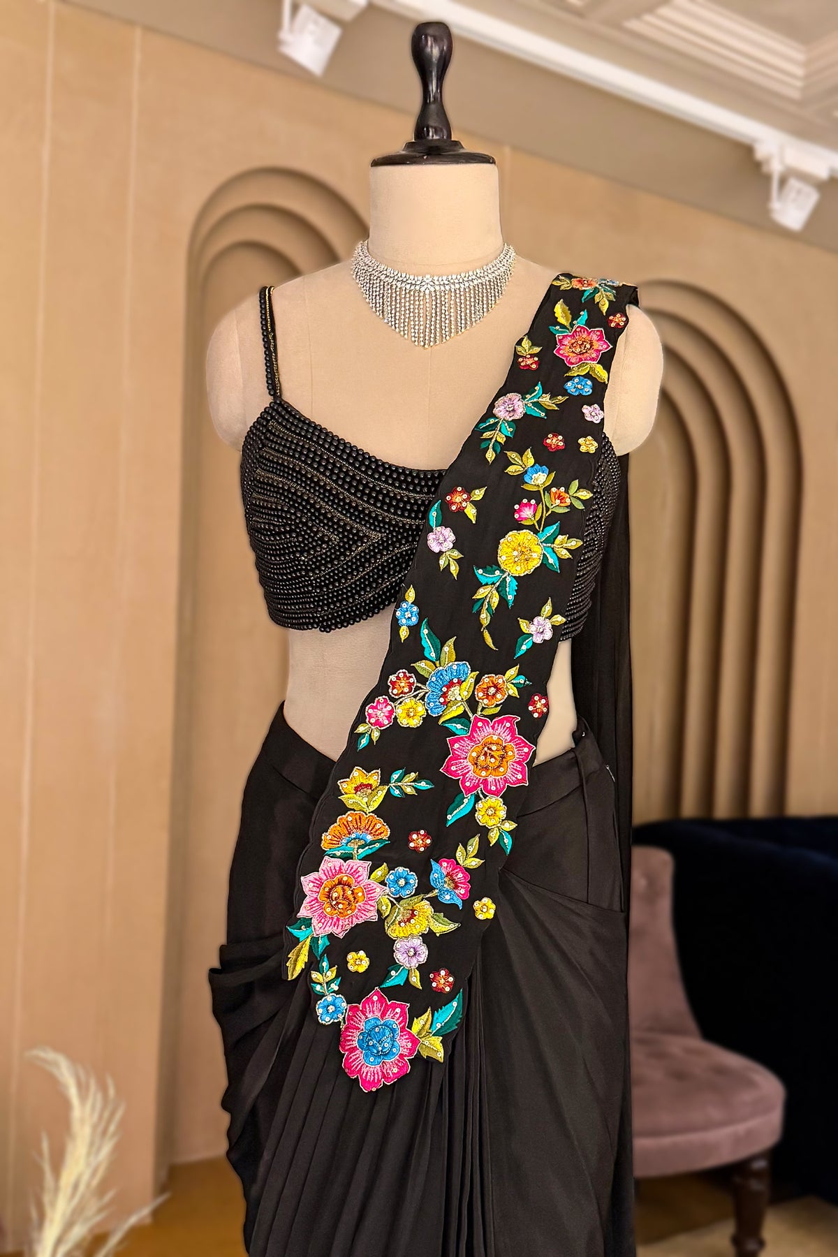 Black Crepe Satin Silk Floral Embroidered Readymade Saree