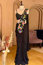 Black Crepe Satin Silk Floral Embroidered Readymade Saree