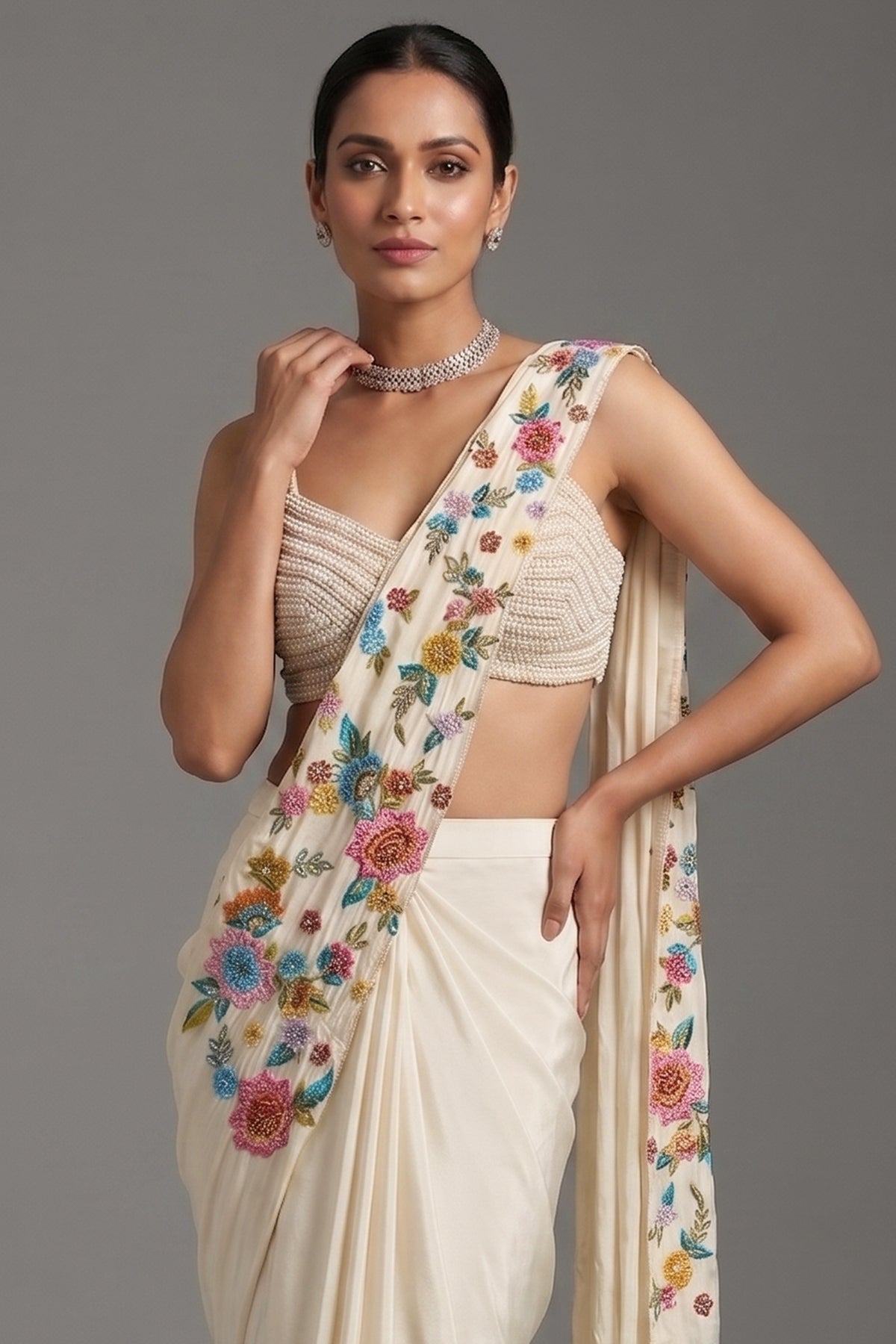 Cream Crepe Satin Silk Floral Embroidered Readymade Saree