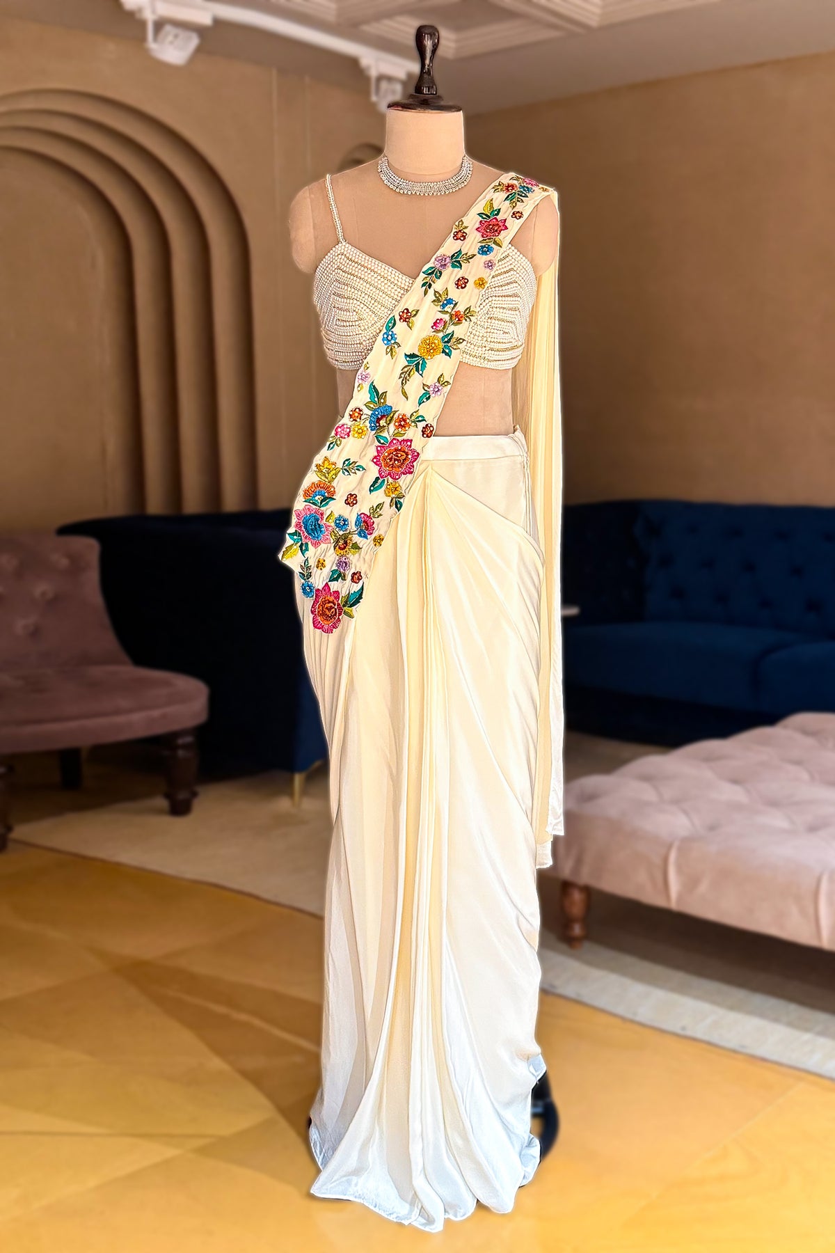 Cream Crepe Satin Silk Floral Embroidered Readymade Saree