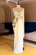 Cream Crepe Satin Silk Floral Embroidered Readymade Saree