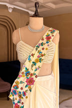 Cream Crepe Satin Silk Floral Embroidered Readymade Saree