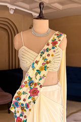 Cream Crepe Satin Silk Floral Embroidered Readymade Saree