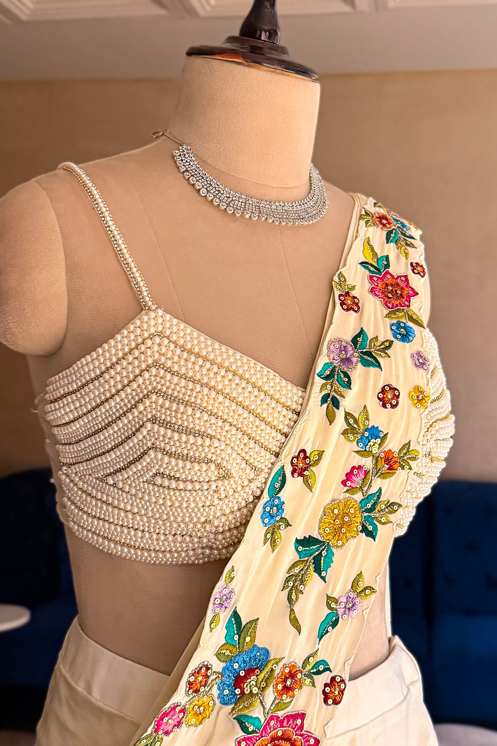Cream Crepe Satin Silk Floral Embroidered Readymade Saree