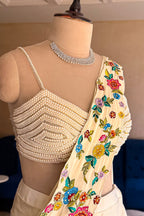 Cream Crepe Satin Silk Floral Embroidered Readymade Saree